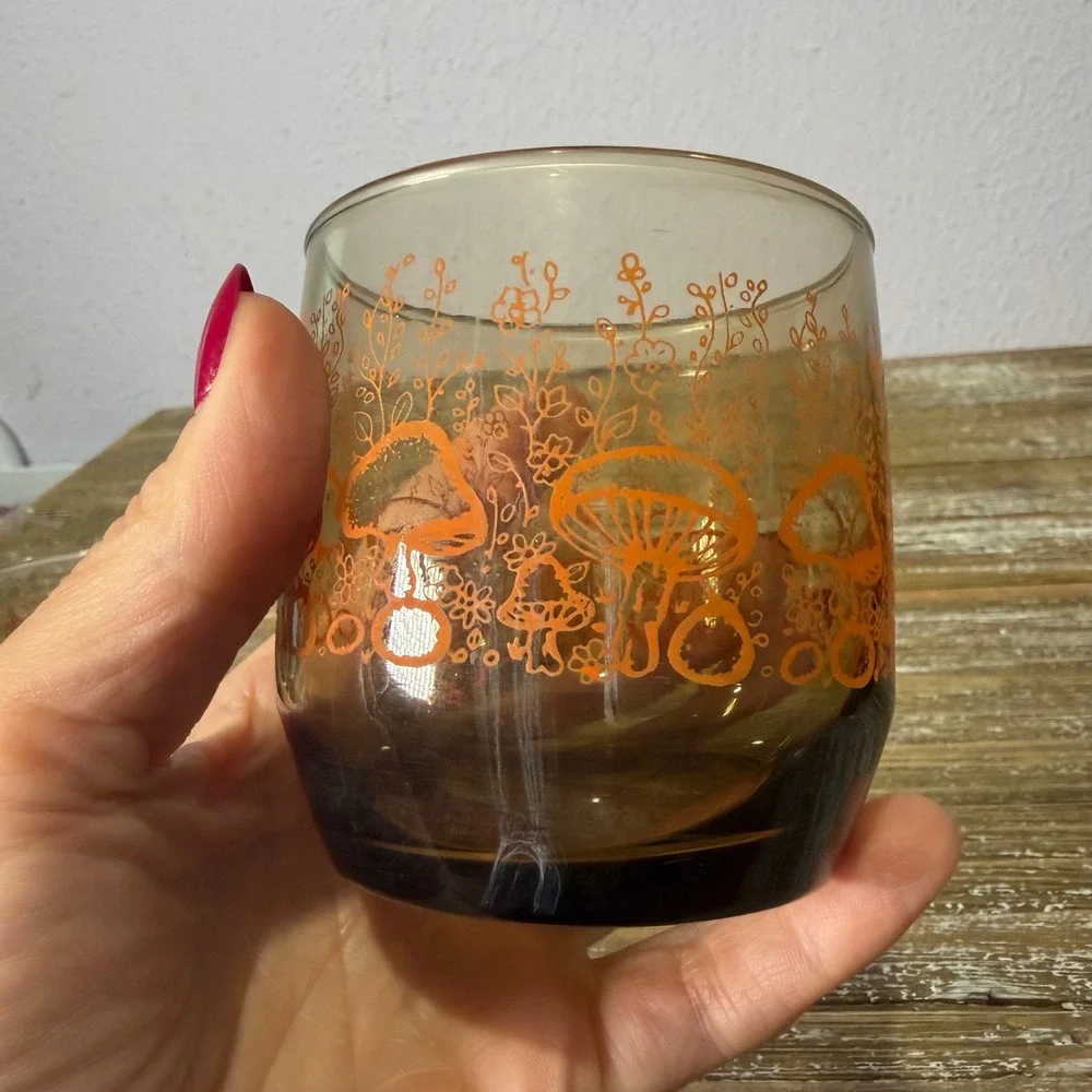 Vintage Mushroom Fairycore Lowball Glasses Set 3 Amber Orange Cottagecore Floral